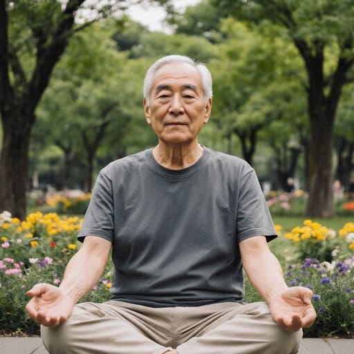 자연스러운 외모를 가진 70대 한국인 남성이 편안한 티셔츠와 면바지를 입고 크로스 레그로 명상하는 자세로 앉아 있는 반신 사진입니다. 그는 편안하고 차분한 표정을 지으며, 배경에는 푸르른 나무와 꽃들이 가득한 공원이 있어 그의 분위기를 더욱 평화롭게 만듭니다. 부드러운 자연 조명이 장면의 고요한 분위기를 강조하며, 초대하고 조화로운 느낌을 줍니다.