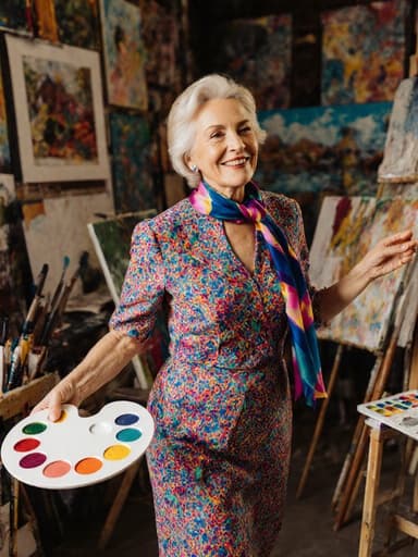 50대 백인 여성의 전신 사진으로, 자연스러운 미를 발산하고 있습니다. 그녀는 화려한 색상의 원피스와 예술적인 패턴의 스카프를 착용하고 있으며, 예술에 대한 열정을 드러내는 활기차고 즐거운 표정을 짓고 있습니다. 아름답게 꾸며진 작업실을 걷고 있으며, 다양한 작품을 감상하고 있습니다. 그녀의 손에는 팔레트가 들려 있어 예술적 환경과의 상호작용을 강조합니다. 작업실에는 다양한 그림과 예술 도구들이 가득하여 창의적이고 열정적인 분위기를 더합니다.