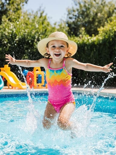 밝은 색상의 수영복과 모자를 쓴 귀여운 3세 유럽계 여아가 팔을 펼치고 물속으로 즐겁게 점프하며 배고픈 표정과 크게 뜬 눈을 지닌 모습으로, 화사한 여름 수영장 배경에서 촬영된 이미지.