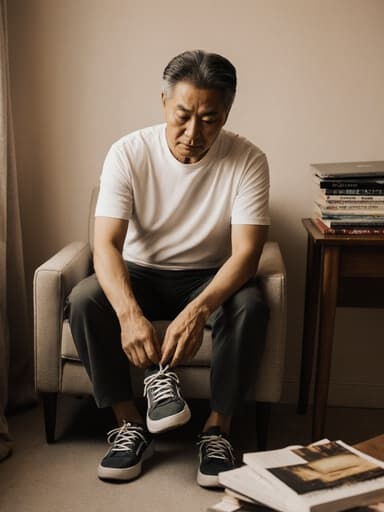 50대의 동양인 남성이 편안한 티셔츠와 바지를 입고 자신감 넘치는 표정으로 신발을 신으면서 책상 위의 학습 자료를 바라보고 있는 반신 사진. 배경은 노트북과 책들이 놓인 아늑한 실내 환경으로, 학습을 위한 초대하는 분위기를 만들어냅니다.