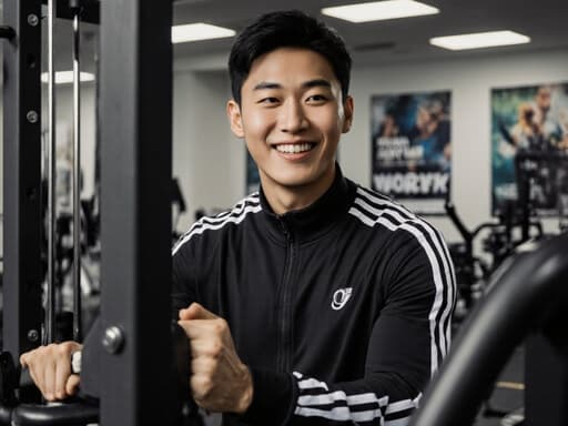 밝게 웃고 있는 10대 후반 아시아계 남성이 다양한 운동 기구가 있는 활기찬 헬스장 환경에서 운동을 하며 자신감 있는 모습을 보여줍니다. 그의 화려한 운동복과 스니커즈가 강조됩니다.