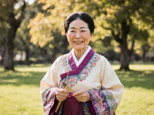 70대 아시아계 여성이 화려한 색감과 섬세한 자수가 돋보이는 전통 한복을 입고 있는 모습의 반신 촬영입니다. 그녀는 전통 공예 도구를 들고 여유로운 표정을 지으며 평화로운 공원을 걷고 있습니다. 배경에는 푸른 잔디와 나무가 있으며 따뜻한 햇살이 비추어 편안한 분위기를 자아냅니다.