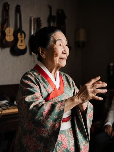 80대 동양인 여성의 전신 샷으로, 화려한 전통 한복을 입고 있습니다. 그녀는 자연스러운 외모와 주름을 가지고 있으며, 외로운 표정으로 멀리 바라보고 있습니다. 그녀는 마치 음악에 맞춰 달리는 듯한 자세로 양손을 가볍게 흔들고 있습니다. 배경은 전통 악기로 꾸며진 아늑한 거실로, 그리운 분위기를 더하고 있습니다.