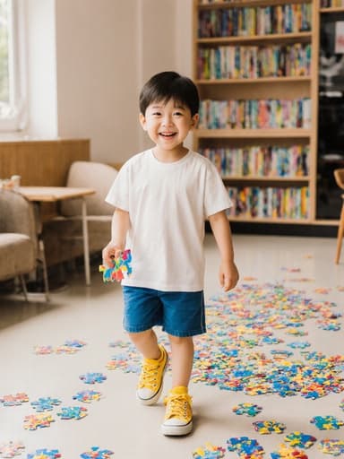 귀여운 7세 한국 남아가 편안한 티셔츠와 반바지를 입고 밝은 색상의 운동화를 신은 채 퍼즐 조각을 들고 즐겁게 걷고 있는 모습이 반신 샷으로 포착되었습니다. 배경에는 다양한 색상의 퍼즐로 가득한 밝고 아늑한 카페 내부가 있어, 이미지의 놀이 주제를 더욱 돋보이게 하는 초대하는 분위기를 만들어냅니다.