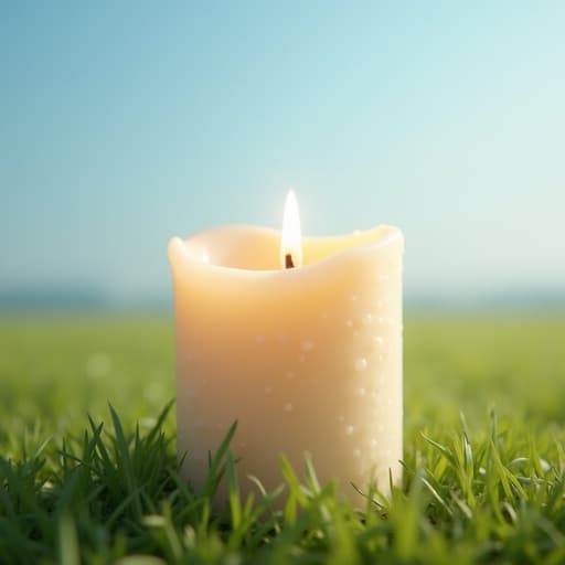 맑은 하늘과 푸른 잔디밭에 있는 캔들, 조용하고 평화로운 분위기.