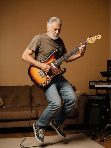 50대의 중동계 남성이 편안한 티셔츠와 청바지, 스니커즈를 착용하고 기타를 들고 점프하고 있는 모습의 전신 사진입니다. 그는 긴장한 표정을 지으며 음악에 몰두하고 있습니다. 따뜻한 색조의 거실 배경에는 소파와 음악 장비가 배치되어 있어 활기차고 매력적인 분위기를 연출합니다.