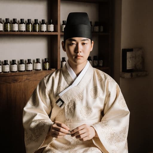 전통 한복을 입은 10대 초반의 유럽계 남성이 아늑한 한의원에서 침 치료 도구를 조심스럽게 다루고 있는 모습. 고요하고 우아한 표정을 지으며, 자연 소재의 가구와 한약재가 진열된 선반이 있는 배경이 따뜻한 분위기를 더합니다.