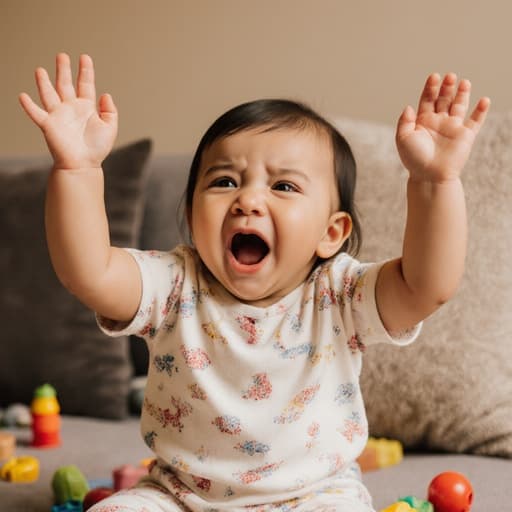 아늑한 거실 소파에 앉아 편안한 잠옷을 입고 있는 귀여운 1살 라틴계 아기 반신 촬영. 아기는 배고픈 표정을 지으며 입을 벌리고 손을 위로 뻗고 있습니다. 배경은 장난감과 쿠션이 흩어져 있는 따뜻하고 아늑한 거실로, 아기의 순수한 매력을 더욱 돋보이게 하는 장난기 가득한 분위기를 연출합니다.