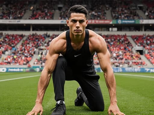 이 이미지는 20대의 근육질 라틴계 남성이 트렌디한 운동복을 입고, 스포츠 경기장에서 팔을 쭉 뻗고 한 다리로 균형을 잡으며 집중하는 모습을 보여줍니다. 생동감 넘치는 분위기 속에서 에너지와 집중력을 발산하고 있습니다.