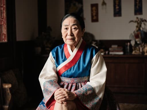 자연스러운 외모를 지닌 80세 한국인 여성이 화려한 색상과 복잡한 패턴이 특징인 전통 한복을 입고 있는 반신 사진입니다. 아늑한 거실 바닥에 편안하게 앉아 전통 한국 소품들이 둘러싸여 있는 따뜻하고 초대하는 분위기를 만들어냅니다. 그녀의 표정은 약간 지루해 보이며, 춤을 추기 위해 준비하고 있는 모습으로, 다리를 뻗고 손은 자연스럽게 무릎 위에 올려놓고 차분한 느낌을 줍니다. 이 장면은 한국 문화의 본질을 포착하며 전통 의상을 입고 우아하게 나이를 먹는 아름다움을 강조합니다.