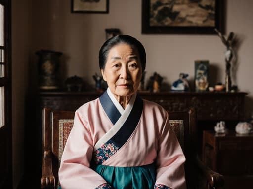 이 이미지는 80대 동양인 여성이 아름다운 전통 한복을 입고 있는 반신 촬영을 담고 있습니다. 그녀는 한국의 전통 소품으로 가득한 거실의 전통 가구에 앉아 무관심한 표정을 짓고 있습니다. 이 배경은 전통 한국 문화의 따뜻함과 우아함을 강조합니다.