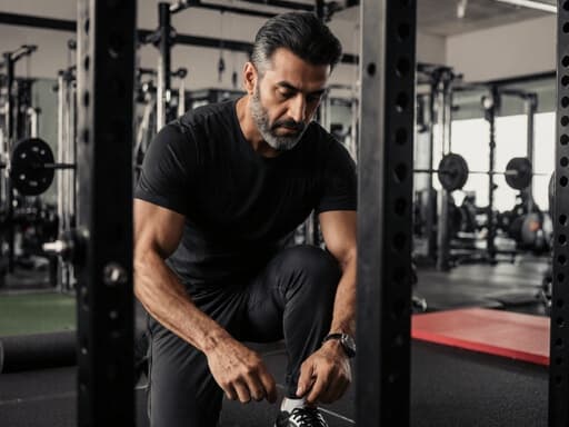 40대 중동계 남성이 세련된 운동복을 입고 현대적인 체육관에서 반신 촬영된 모습입니다. 그는 집중한 표정으로 체육관의 운동 기구를 정리하며 건강하고 활동적인 라이프스타일을 표현하고 있습니다.