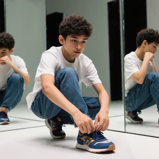 10대 초반의 혼혈 남성이 자연스러운 외모로 캐주얼한 티셔츠와 청바지를 입고 스타일리시한 운동화를 신고 있는 모습이 반신으로 촬영되었습니다. 그는 신발을 신기 위해 고민하며 당황한 표정을 지으며 앞으로 손을 뻗고 있으며, 여러 개의 거울이 반사된 미러룸 배경이 흥미롭고 젊은 분위기를 만들어냅니다.
