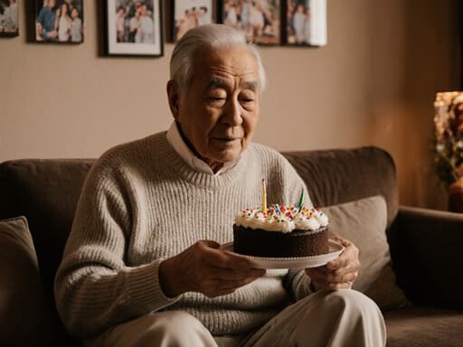 80대 아시아계 남성이 편안한 니트 스웨터와 면바지를 입고 아늑한 거실의 소파에 앉아 있습니다. 그는 작은 축하 케이크를 들고 있으며, 가족 사진과 부드러운 조명으로 따뜻한 분위기를 연출하고 있습니다. 그의 얼굴에는 약간의 피곤함이 드러납니다.