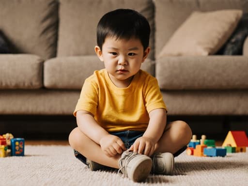 귀엽고 순수한 외모의 3세 아시아계 남아가 아늑한 거실 바닥에 크로스 레그로 앉아 밝은 색상의 신발을 신으려 하고 있습니다. 약간 찡그린 모습에서 배고픔이 느껴지며, 부드러운 소파와 주위에 흩어진 장난감들이 따뜻한 분위기를 자아내며 그의 장난기 어린 성격을 강조합니다.