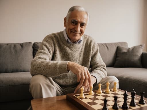 따뜻하고 초대하는 느낌의 70세 라틴계 남성을 반신으로 촬영한 이미지로, 편안한 니트 스웨터와 면 바지를 입고 아늑한 거실에 앉아 있습니다. 그는 커피 테이블 위의 체스판을 바라보며, 한 말을 가리키며 고마운 표정과 따뜻한 미소를 짓고 있습니다. 반성의 순간과 여유를 담고 있는 모습입니다.