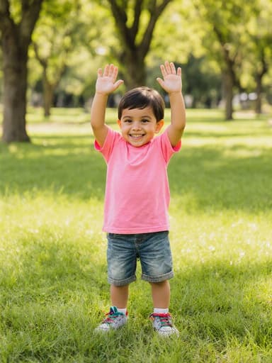 3세 라틴계 남자아이의 생기 넘치는 반신 초상으로, 밝은 티셔츠와 반바지를 입고 순수한 미소를 지으며 손을 흔드는 모습이 담긴 공원에서의 따뜻하고 초대하는 분위기를 포착했습니다.