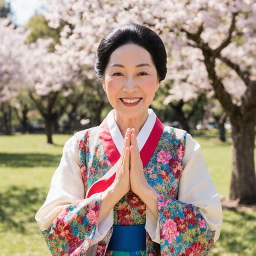 70대의 혼혈 여성이 자연스럽게 아름다움을 발산하는 반신 촬영입니다. 그녀는 화려한 색상과 꽃무늬가 돋보이는 전통 한복을 입고 있습니다. 친근한 미소와 따뜻한 표정을 지으며, 상대방을 환영하듯 두 손을 모아 인사하는 자세를 취하고 있습니다. 배경은 화창한 날씨의 공원으로, 나무와 꽃들이 어우러져 아름답고 초대하는 듯한 분위기를 자아냅니다.