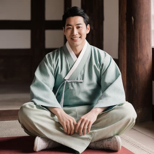 30대 한국인 남성이 전통 한옥의 바닥에 앉아 부드러운 색상의 한복을 입고 있습니다. 매력적인 미소와 편안한 자세로 다리를 교차하고 손을 무릎 위에 올려놓고 있으며, 따뜻하고 아늑한 내부의 목재 기둥이 배경에 있습니다.