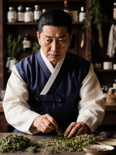 전통 한복을 입은 50대 라틴계 남성이 한 손에 한약재를 들고 다른 손은 테이블에 짚으며 약간 당황한 표정으로 무언가를 찾고 있는 모습의 반신 사진. 배경은 다양한 약재와 도구들이 있는 전통 한약 조제실입니다.