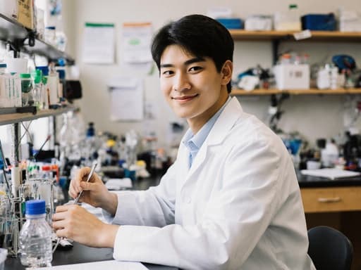 자랑스러운 혼혈 남성 10대가 실험복과 편안한 운동화를 입고 실험실에서 연구 도구를 청소하고 있는 모습의 반신 사진입니다. 긍정적인 표정은 과학에 대한 헌신을 나타내며, 깔끔하게 정돈된 책상에는 다양한 실험기구와 연구 노트가 놓여 있습니다.