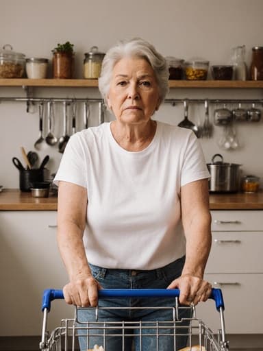 이미지는 편안한 티셔츠와 청바지를 입고 약간 지루해 보이는 중년 백인 여성이 주방에서 쇼핑 카트를 밀며 주방 도구를 살펴보는 모습을 포착하고 있습니다. 배경은 다양한 주방 도구와 재료가 정돈된 아늑한 주방 작업대를 보여주며, 일상적인 주방 활동을 반영하고 있습니다.