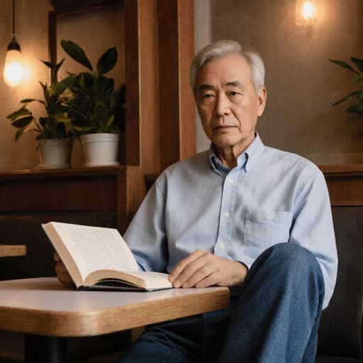 50대 아시아계 남성이 자연스러운 외모로 편안한 청바지와 버튼업 셔츠를 입고 조용한 카페 테이블에서 책을 읽고 있는 반신 사진. 그의 무표정은 깊은 집중을 반영하며, 따뜻하고 아늑한 카페 배경이 분위기를 더합니다.