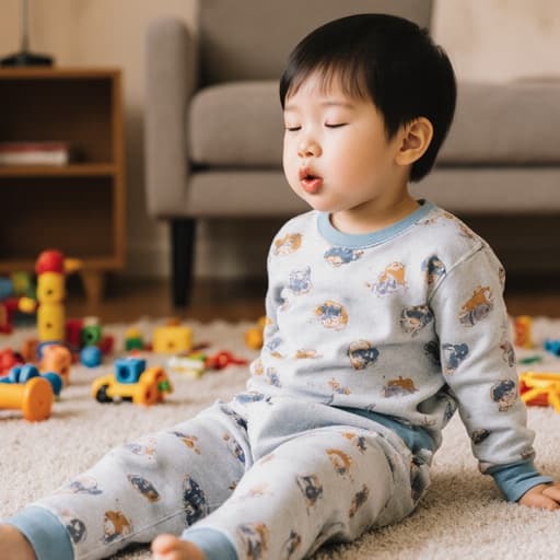 편안한 파자마를 입고 졸린 표정으로 입을 삐죽 내밀고 있는 3세 한국 남자 아기의 반신 사진. 아늑한 거실에서 양치질을 하며 장난감들이 흩어져 있는 모습으로, 따뜻하고 유쾌한 분위기를 연출합니다.