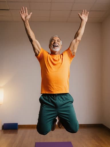 50대의 라틴계 남성이 요가 센터에서 밝은 색상의 티셔츠와 바지를 입고 점프하며 팔을 하늘로 뻗고 있는 모습을 담은 전신 샷입니다. 그의 표정은 행복과 활력이 넘치며, 부드러운 조명과 나무 바닥이 어우러져 편안하면서도 에너지가 넘치는 분위기를 만들어냅니다.