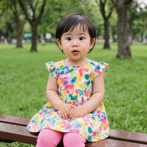 공원 벤치에 앉아 있는 귀여운 3세 한국인 여아의 반신 사진. 밝은 색상의 원피스와 핑크색 레깅스를 입고 있으며, 배고픈 표정으로 입술을 오므리고 눈을 크게 뜨고 손으로 배를 감싸고 있습니다. 배경은 푸른 잔디와 나무들로 이루어진 활기찬 공원입니다.