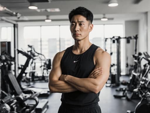 30대 아시아계 남성이 운동복과 트레이닝 슈즈를 착용하고 팔짱을 끼고 긴장한 표정으로 운동을 시작하기 전의 동기부여를 찾고 있는 모습을 담은 반신 사진, 다양한 운동 기구가 배치된 트레이닝룸에서 촬영되었습니다.