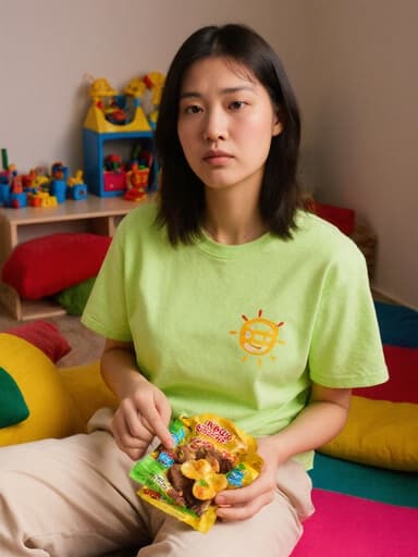 이 이미지는 20대 혼혈 여성이 밝은 티셔츠와 편안한 바지를 입고 아늑한 놀이방에 앉아 있는 모습을 담고 있습니다. 그녀는 어린이용 음식을 손에 들고 약간의 피곤함이 느껴지는 무관심한 표정을 짓고 있습니다. 장난감과 쿠션으로 가득한 유쾌한 배경이 모델과 주제 간의 자연스러운 상호작용을 강조합니다.