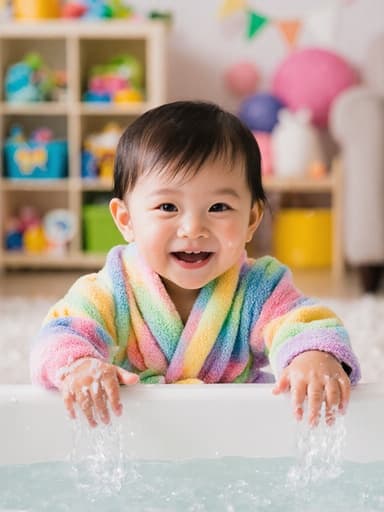 다양한 색상의 목욕 가운을 입고 귀엽게 웃고 있는 1세의 동양인 여성 아이가 욕조 옆에서 손으로 물장구를 치고 있는 반신 사진입니다. 밝고 아기자기한 거실 배경에는 장난감과 아기 용품들이 놓여 있어 따뜻하고 초대하는 분위기를 만들어냅니다.