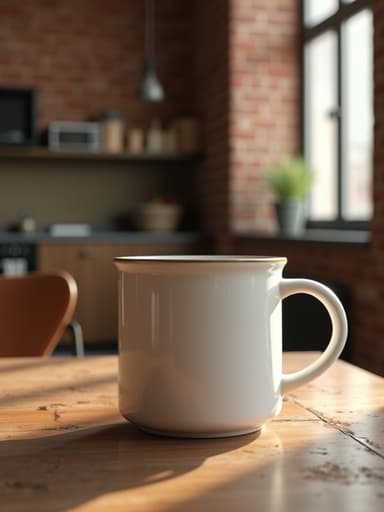 머그컵, 주방용품, 노출된 벽돌 벽이 있는 로프트 스타일 아파트, 따뜻하고 초대하는