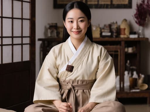 전통 한복을 입고 자신감 넘치는 미소를 지으며 크로스 레그로 앉아 뜸 치료 도구를 들고 있는 20대 라틴계 여성의 반신 사진. 한의원의 편안한 인테리어가 배경을 이루고 있습니다.