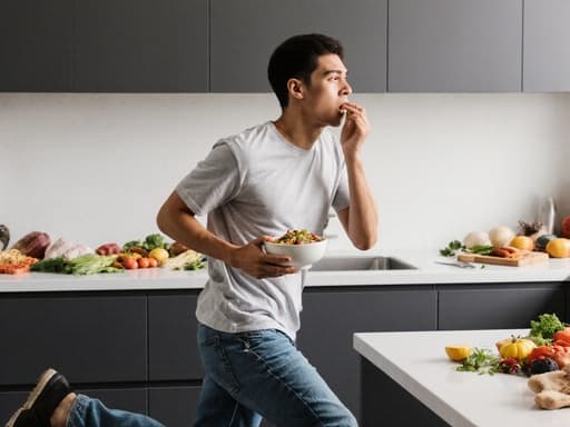 현대적인 주방에서 한 손에 그릇을 들고 음식을 맛보며 달리는 10대 후반 혼혈 남성의 모습. 그는 편안한 티셔츠와 청바지를 착용하고 있으며, 조리대 위에는 다양한 신선한 재료가 놓여 있어 생동감 넘치는 요리 분위기를 자아냅니다.