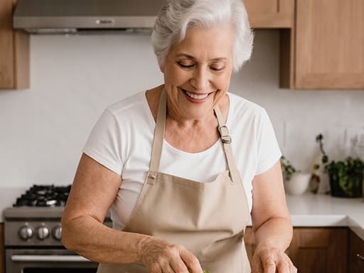 60대의 친근하고 따뜻한 미소를 지닌 라틴계 여성의 반신 촬영으로, 편안한 주방용 의상과 앞치마를 착용하고 신선한 식재료를 다루며 요리를 즐기는 모습이 담긴 아늑한 주방 배경의 이미지입니다.