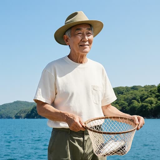 60대 한국인 남성이 전통 어부의 의상을 입고 물고기를 잡은 그물을 들고 있는 반신 사진, 푸른 바다와 푸르른 자연을 배경으로 하여 해양 생태 보호 캠페인의 자유롭고 평화로운 정신을 반영합니다.