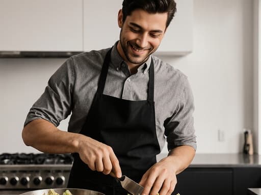 30대 혼혈 남성이 캐주얼한 셔츠와 앞치마를 입고 밝게 웃으며 현대적인 주방 스튜디오에서 재료를 준비하는 모습의 반신 사진으로, 생동감 넘치고 매력적인 분위기를 보여줍니다.