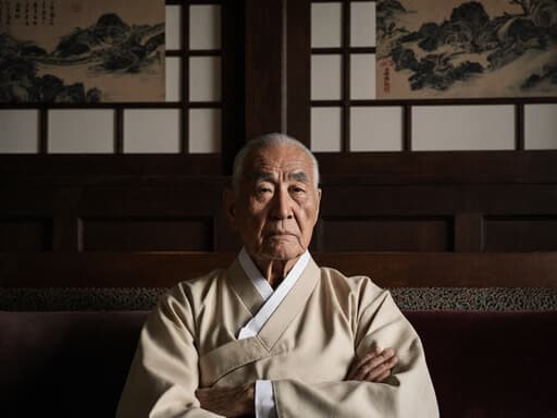 80대 백인 남성이 전통 한국 한복을 입고 소파에 앉아 팔짱을 끼고 지루한 표정을 짓고 있는 모습이 전통적인 분위기의 카페에서 한국 그림이 배경으로 있는 반신 촬영입니다.