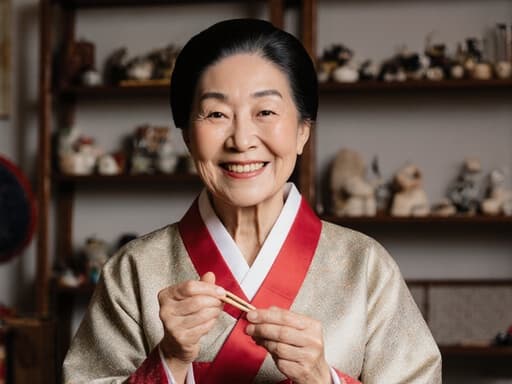이미지는 70대 혼혈 여성이 전통 한복을 입고, 한 손에는 공예 도구를 들고 다른 손으로는 스트레칭을 하며 고마워하는 미소를 지은 모습을 보여줍니다. 아늑한 거실 배경에는 전통 공예품이 진열된 선반이 있어 따뜻한 분위기를 만들어냅니다.