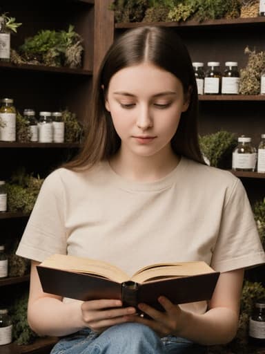 10대 초반의 백인 소녀의 반신 사진으로, 편안한 티셔츠와 청바지를 착용하고 있습니다. 그녀는 두 손으로 책을 잡고 몰입하여 열정적인 표정을 지으며 집중하고 있습니다. 배경에는 다양한 한약재가 정리된 선반이 있는 한약 조제실이 보이며, 집중적인 학습의 분위기를 자아냅니다.