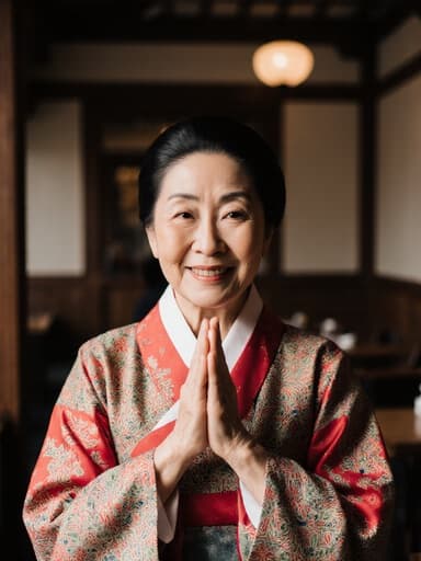 70대의 혼혈 여성이 전통적인 한복을 입고 따뜻한 미소를 지으며 두 손을 모아 인사하는 자세를 취하고 있는 모습이 전통적인 요소가 가미된 아늑한 카페 내부에서 촬영된 반신 사진.