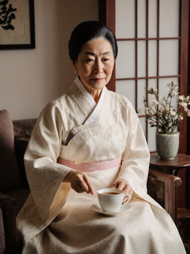 전통 한복을 입고 차를 담은 다기를 조심스럽게 들고 있는 80대 백인 여성의 모습. 아늑한 거실에서 한국 전통 장식으로 꾸며져 있으며, 차분한 표정을 지으며 여유를 느끼고 있는 모습.
