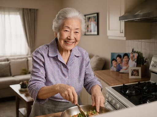 70대 한국인 여성이 밝은 체크 패턴의 블라우스를 입고 아늑한 부엌에서 행복하게 요리하고 있습니다. 따뜻한 거실 배경에는 가족 사진과 홈 인테리어 소품들이 있어 사랑스러운 분위기를 자아냅니다.