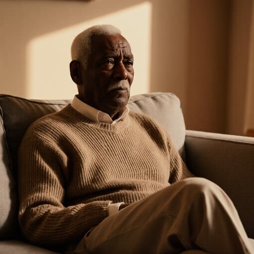 70대 아프리카계 미국 남성이 자연스러운 외모로 아늑한 거실에서 소파에 편안히 앉아 있는 반신 사진입니다. 그는 편안한 니트 스웨터와 면 바지를 착용하고 있으며 걱정스러운 표정을 짓고 있습니다. 다리를 뻗고 앉아 있으며, 방의 따뜻한 조명이 아늑한 분위기를 더해줍니다.