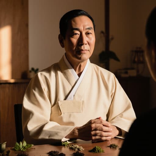 50대의 흑인 남성이 전통 한복을 입고, 편안한 분위기의 한의원에서 테이블 위의 약초를 살펴보는 모습의 반신 사진. 따뜻한 조명이 비추어 평화로운 분위기를 자아냅니다.