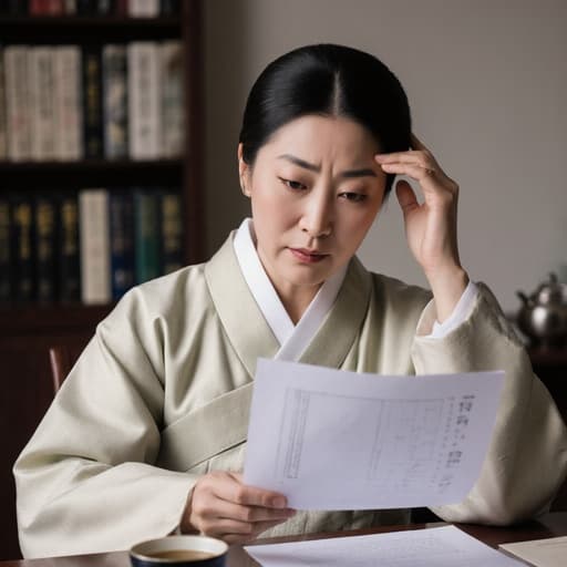 40대 백인 여성이 고급스러운 전통 한복을 입고 긴장한 표정으로 연구 자료를 바라보는 반신 촬영. 한 손에는 자료를 들고 다른 손으로는 머리를 감싸고 있으며, 아늑한 한의학 연구실 배경에 책과 차가 놓여 있어 학구적이고 평온한 분위기를 자아냅니다.