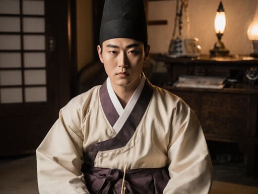 전통 한복을 입은 10대 후반의 한국 남성이 아늑한 침실 바닥에 앉아 뜸 치료 도구를 들고 있는 모습입니다. 따뜻한 조명과 나무 가구가 있는 이 공간은 초대하는 분위기를 자아내며, 그의 진지한 표정이 이미지에 깊이를 더합니다.