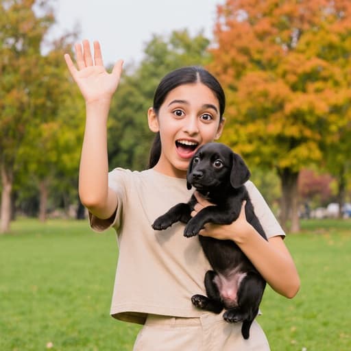 10대 초반의 중동계 여성 소녀가 밝은 티셔츠와 편안한 바지를 입고 한 손에 작은 강아지를 안고 있으며, 다른 손은 공중으로 흔들고 있습니다. 그녀는 놀란 표정으로 눈을 크게 뜨고 있으며, 푸른 잔디와 나무가 어우러진 아름다운 공원 배경 속에서 즐거운 분위기를 연출하고 있습니다.